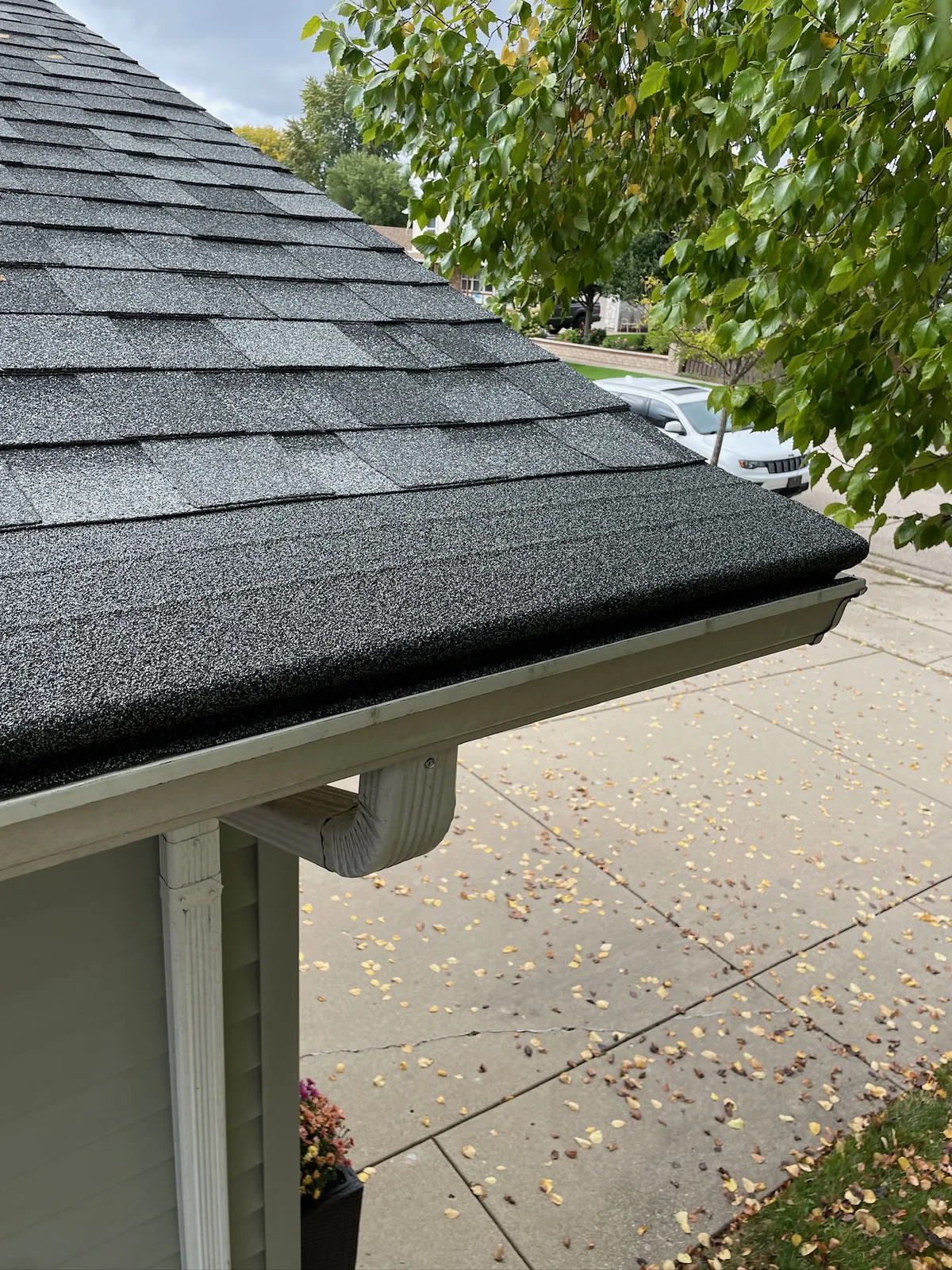 Turtle Shell stone-coated gutter guard on a shingled roofline