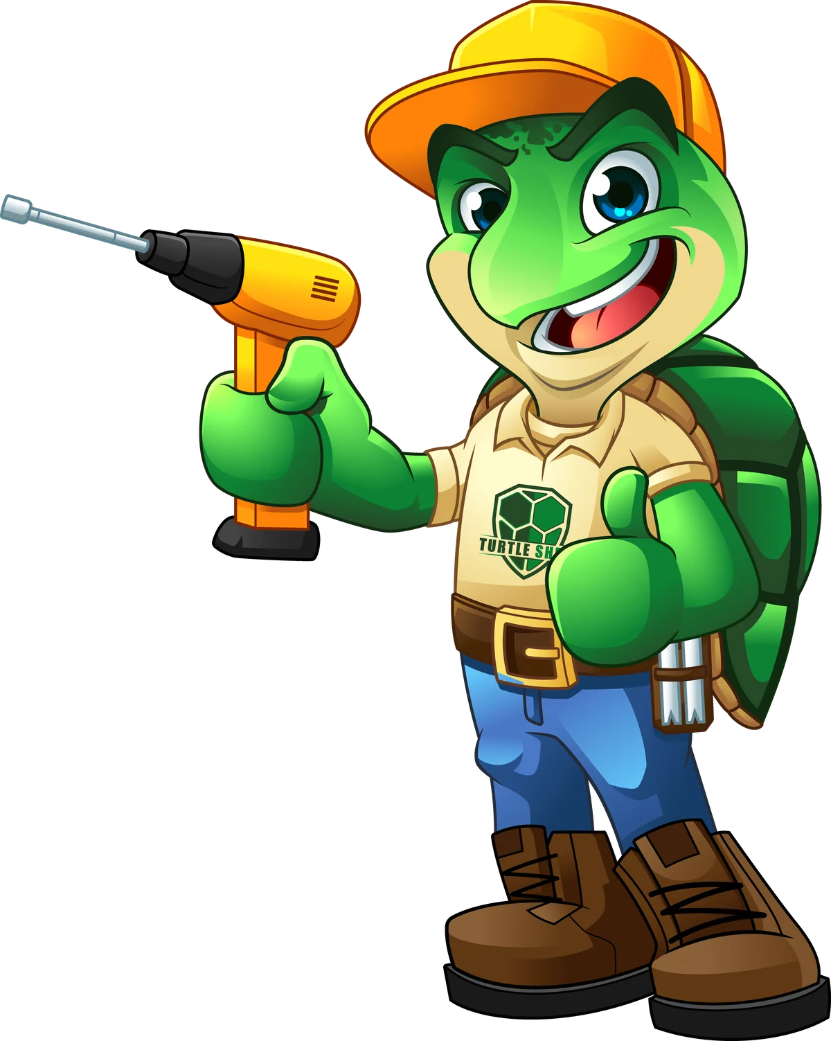 The Turtle Shell mascot in a hard hat, holding a drill